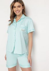 Miętowy Satynowy Komplet Piżamowy Krótka Koszula i Szorty Selitte. Zielone piżamy damskie Born2be, xl, bez wzorów, z satyny, bez ramiączek. Za 44.99 zł.