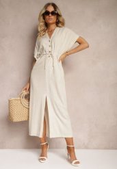 Beżowa Sukienka z Bawełny z Górą o Koszulowym Kroju Ściągana w Pasie Viklia. Brązowe sukienki damskie Renee, na co dzień, l, z aplikacjami, z bawełny, eleganckie, bez kołnierzyka, bez ramiączek, maxi, koszulowe. W wyprzedaży za 111.99 zł.