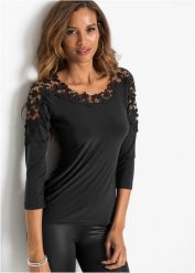 T-shirt z szydełkową wstawką, rękawy 3/4. Czarne t-shirty damskie bonprix, bez wzorów, bez kołnierzyka. Za 102.99 zł.