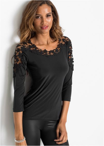 T-shirt z szydełkową wstawką, rękawy 3/4. Czarne t-shirty damskie bonprix, bez wzorów, bez kołnierzyka. Za 102.99 zł.