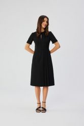 Czarna Midi Sukienka z Ozdobnymi Zakładkami. Czarne sukienki damskie MOE, l, bez wzorów, z elastanu, bez kołnierzyka, bez ramiączek, midi, rozkloszowane. Za 326.90 zł.