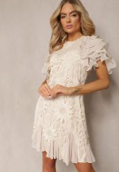 Beżowa Sukienka Dopasowana Mini z Koronką i Falbankami Offiamea. Brązowe sukienki damskie Renee, na co dzień, l, z aplikacjami, z koronki, eleganckie, bez kołnierzyka, bez ramiączek, mini, dopasowane. W wyprzedaży za 139.99 zł.