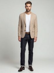 Elegancka męska marynarka SLIM FIT z rayonem – beżowa V2 OM-BLZB-0135 - XXL. Brązowe marynarki męskie Ombre Clothing, bez wzorów, z materiału. Za 359.99 zł.