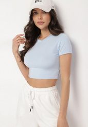 Jasnoniebieski T-shirt z Wiskozą o Dopasowanym Kroju Typu Crop Top Folirra. Niebieskie t-shirty damskie Born2be, m, bez wzorów, z jeansu, bez kołnierzyka. Za 39.99 zł.