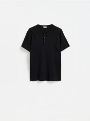 T-shirt henley slim fit - czarny. Czarne t-shirty męskie Reserved, l, bez wzorów, z bawełny, bez kołnierzyka. Za 69.99 zł.