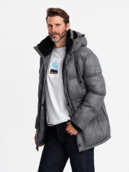 Długa kurtka męska puffer z zapinanymi kieszeniami – grafitowa V1 OM-JALJ-0186 - XXL. Szare kurtki męskie Ombre Clothing, l, z aplikacjami, z materiału. W wyprzedaży za 249.99 zł.