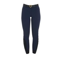 Letnie damskie spodnie slim z elastycznej tkaniny technicznej. Niebieskie spodnie materiałowe damskie EQUESTRO, bez wzorów, z elastanu, eleganckie. Za 309.50 zł.