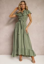 Zielona Sukienka z Materiałowym Paskiem i Wiskozą Wykończona Guzikami i Falbanką Hanesi. Zielone sukienki damskie Renee, na co dzień, l, bez wzorów, z materiału, eleganckie, bez kołnierzyka, bez ramiączek, maxi. W wyprzedaży za 125.99 zł.