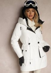 Biała Kurtka Parka o Prostym Kroju z Kapturem Ściągana w Talii Raviena. Białe kurtki damskie Renee, l, bez wzorów, z jeansu. Za 209.99 zł.