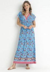 Niebieska Kopertowa Sukienka Maxi z Gumką w Pasie we Wzór Paisley Anitte. Niebieskie sukienki damskie Born2be, na lato, l, bez wzorów, bez kołnierzyka, bez ramiączek, maxi, kopertowe. W wyprzedaży za 47.99 zł.