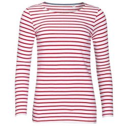 Damska Koszulka Z Długim Rękawem W Morskie Paski. Białe bluzki damskie SOL'S, m, bez wzorów, sportowe, bez kołnierzyka, bez ramiączek. Za 106.99 zł.