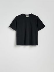 T-shirt oversize z merceryzowanej bawełny - czarny. Czarne t-shirty damskie Reserved, l, bez wzorów, z bawełny, bez kołnierzyka. W wyprzedaży za 89.99 zł.