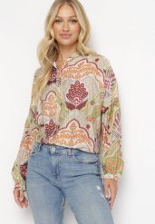 Beżowo-Zielona Koszula w Modny Print z Guzikami Jennifas. Brązowe koszule damskie Born2be, l, bez wzorów, z wiskozy, bez kołnierzyka, bez ramiączek. Za 89.99 zł.