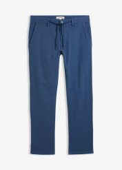 Spodnie chinosy regular fit, z regulowanym wygodnym pasem, straight. Niebieskie spodnie materiałowe męskie bonprix, bez wzorów, z materiału. Za 59.99 zł.