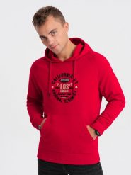 Bluza męska kangurka z nadrukiem - czerwona V2 OM-SSPS-0151 - XL. Czerwone bluzy z kapturem męskie Ombre Clothing, l, z bawełny. W wyprzedaży za 59.99 zł.