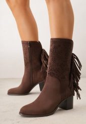 Ciemnobrązowe Botki Ażurowe Kowbojki z Wkładką ze Skóry Nauralnej i Frędzlami Cezive. Brązowe botki damskie Renee, ze skóry, bez obcasa, na obcasie, bez zapięcia. Za 219.99 zł.