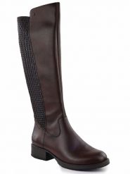 Skórzane brązowe kozaki z elastyczną gumą ocieplane Rieker Z9591-27. Brązowe kozaki damskie Rieker, z gumy, bez obcasa. Za 529.00 zł.