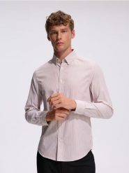 Koszula slim z bawełny merceryzowanej - beżowy. Brązowe koszule męskie Reserved, l, bez wzorów, z bawełny, bez kołnierzyka, bez ramiączek. Za 129.99 zł.