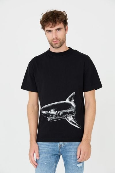 PALM ANGELS Czarny męski t-shirt Broken Shark Classic Tee, Rozmiar M. Czarne t-shirty męskie PALM ANGELS, m, bez wzorów, bez kołnierzyka. W wyprzedaży za 950.99 zł.
