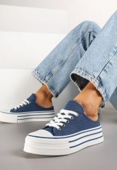 Granatowe Trampki z Niską Cholewką na Podwójnej Podeszwie Lenisna. Niebieskie trampki i tenisówki damskie Renee, bez wzorów, z jeansu, przed kostkę. Za 74.99 zł.