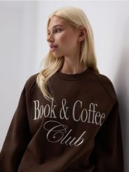 Bawełniana bluza z haftem - ciemnobrązowy. Brązowe bluzy bez kaptura damskie Reserved, l, z bawełny. Za 99.99 zł.