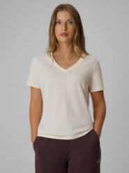 4F T-shirt regular gładki damski - kremowy M. Białe t-shirty damskie 4f, m, bez wzorów, z bawełny, bez kołnierzyka. Za 59.99 zł.