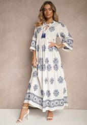 Biała Boho Sukienka z Wiskozą Zdobiona Haftem i Wiązaniem z Frędzlami Alinoria. Białe sukienki damskie Renee, na co dzień, na lato, m, z aplikacjami, z wiskozy, boho, bez kołnierzyka, bez ramiączek, maxi. W wyprzedaży za 146.99 zł.