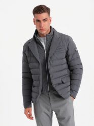 Pikowana kurtka męska o kroju marynarki – grafitowa V2 OM-JALP-0188 - XL. Szare kurtki męskie Ombre Clothing, z aplikacjami, z gumy. W wyprzedaży za 169.99 zł.