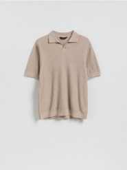 Strukturalny sweter polo - beżowy. Brązowe swetry męskie Reserved, l, bez wzorów, z bawełny, bez kołnierzyka. Za 129.99 zł.