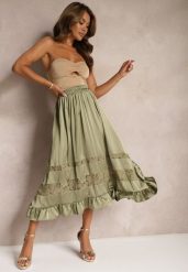 Zielona Asymetryczna Spódnica Plisowana High Waist z Gumką w Talii i Koronkowymi Wstawkami Reslifa. Zielone spódniczki damskie Renee, na lato, m, bez wzorów, z koronki, z podwyższonym stanem, midi, asymetryczne. Za 129.99 zł.