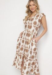 Biało-Beżowa Kwiatowa Sukienka z Bawełną i Falbanką Efanelia. Brązowe sukienki damskie Born2be, na co dzień, na lato, l, bez wzorów, z bawełny, eleganckie, bez kołnierzyka, bez ramiączek, midi, proste. W wyprzedaży za 95.99 zł.