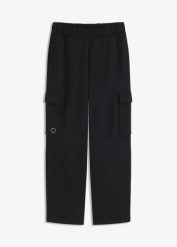 Termiczne spodnie funkcyjne typu jogger, z szerokimi nogawkami, z szybkoschnącego materiału. Czarne spodnie materiałowe damskie bonprix, bez wzorów. Za 139.99 zł.