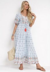 Jasnoniebieska Sukienka Maxi z Gumką i Sznurkiem z Chwostami w Pasie Maryse. Niebieskie sukienki damskie Born2be, na lato, l, bez wzorów, bez kołnierzyka, bez ramiączek, maxi. W wyprzedaży za 95.99 zł.