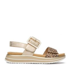 Sandały Remonte. Żółte sandały damskie Remonte, bez wzorów, bez obcasa, na płaskiej podeszwie. Za 379.99 zł.