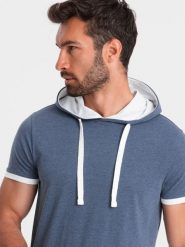 Casualowy męski t-shirt bawełniany z kapturem – ciemnoniebieski melanż V12. Niebieskie t-shirty męskie Ombre Clothing, l, bez wzorów, z bawełny, bez kołnierzyka. W wyprzedaży za 39.99 zł.