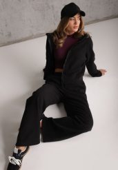 Czarny Prążkowany Komplet Dresowy Bluza z Kapturem i Spodnie Wide Leg Jateia. Czarne bluzy sportowe damskie Renee, l, bez wzorów, z dresówki, bez ramiączek, długie, z kapturem. Za 169.99 zł.