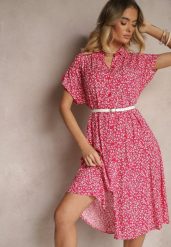 Fuksjowa Koszulowa Sukienka z Bawełny w Kwiaty o Rozkloszowanym Fasonie Sarilon. Czerwone sukienki damskie Renee, na co dzień, l, bez wzorów, z bawełny, eleganckie, bez kołnierzyka, bez ramiączek, midi, koszulowe. W wyprzedaży za 55.99 zł.