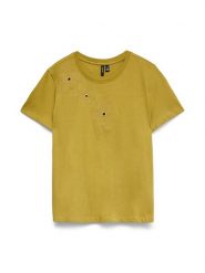 Vero Moda Koszulka w kolorze musztardowym rozmiar: XS. Żółte bluzki damskie Vero Moda, xs, bez wzorów, z bawełny, bez kołnierzyka, bez ramiączek. Za 48.73 zł.