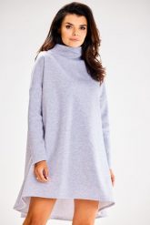 Trapezowa Sukienka Dresowa ze Stójką - Szara. Szare sukienki damskie Awama, l, bez wzorów, z bawełny, bez kołnierzyka, bez ramiączek, rozkloszowane. Za 222.90 zł.