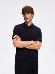 Sweter polo z wełny merino - granatowy. Niebieskie swetry męskie Reserved, l, bez wzorów, z wełny, bez kołnierzyka. Za 179.99 zł.