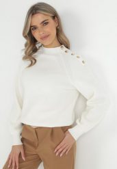 Biały Sweter Dzianinowy z Długim Rękawem i Guzikami Omes. Białe swetry klasyczne damskie Born2be, z dzianiny, bez kołnierzyka. Za 129.99 zł.