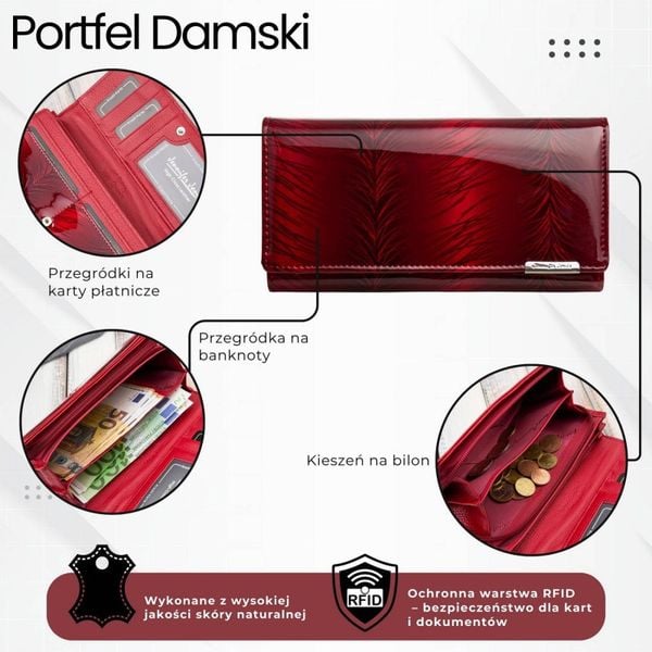 Skórzany czerwony lakierowany portfel damski SP-16-RD. Czerwone portfele damskie Jennifer Jones, z aplikacjami, z lakierowanej skóry. Za 99.00 zł.