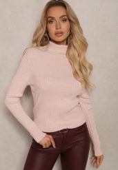 Jasnoróżowy Klasyczny Golf z Prążkowanego Materiału Belikorre. Czerwone golfy damskie Renee, m, bez wzorów, z jeansu, bez ramiączek. Za 69.99 zł.