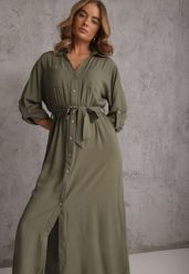 Zielona Koszulowa Sukienka z Bawełny z Wiązanym Paskiem i Podpinanymi Rękawami Cesela. Zielone sukienki damskie Renee, na co dzień, l, bez wzorów, z bawełny, boho, bez kołnierzyka, bez ramiączek, maxi, koszulowe. Za 119.99 zł.