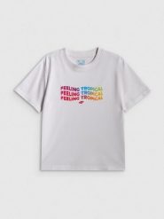 4F T-shirt boxy z nadrukiem damski - biały M. Białe t-shirty damskie 4f, m, bez wzorów, z bawełny, bez kołnierzyka. Za 69.99 zł.