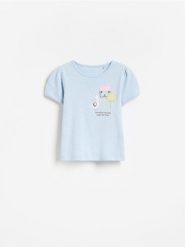 T-shirt z haftem - jasnoniebieski. Niebieskie koszulki dziewczęce Reserved, m, bez wzorów, z bawełny, bez ramiączek. Za 27.99 zł.