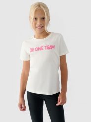 4F T-shirt z nadrukiem dziewczęcy - biały 164 (13-14 lat). Białe koszulki dziewczęce 4f, bez wzorów, z bawełny, bez ramiączek. W wyprzedaży za 19.99 zł.