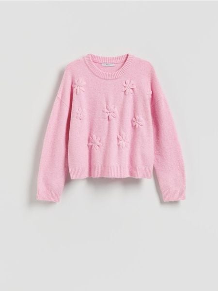 Sweter z aplikacjami 3D - różowy. Czerwone swetry klasyczne damskie Reserved, l, z dzianiny, bez kołnierzyka. W wyprzedaży za 79.99 zł.