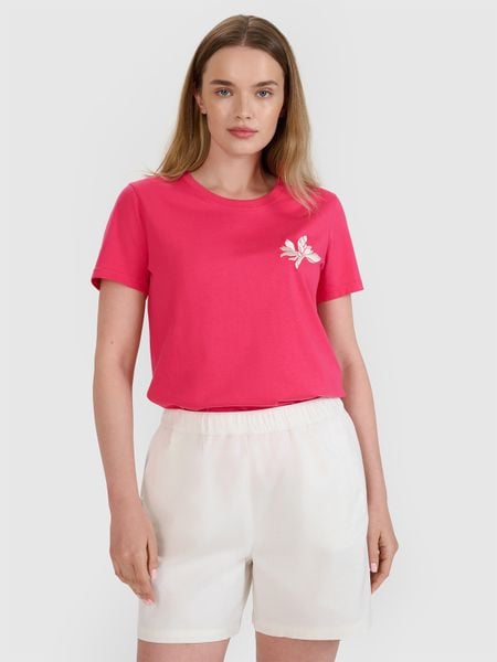 4F T-shirt regular z nadrukiem damski - różowy S. Czerwone t-shirty damskie 4f, s, z aplikacjami, z bawełny, bez kołnierzyka. W wyprzedaży za 29.99 zł.