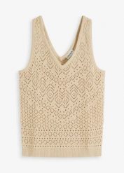 Ażurowy top z dzianiny z domieszką bawełny. Brązowe topy damskie bonprix, w ażurowe wzory, z bawełny, bez kołnierzyka. Za 69.99 zł.